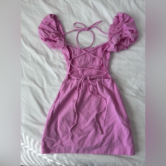 Zara Dresses & Skirts - ZARA Pink Puff Sleeve Dress with lace up back